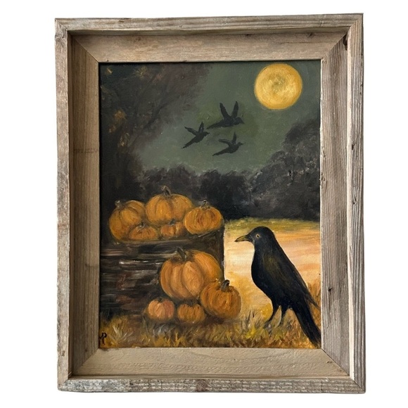 M. Pandis Other - OIL PAINTING Harvest Moon Crow And Pumpkin Art Reclaimed Barn-wood Holiday Fall